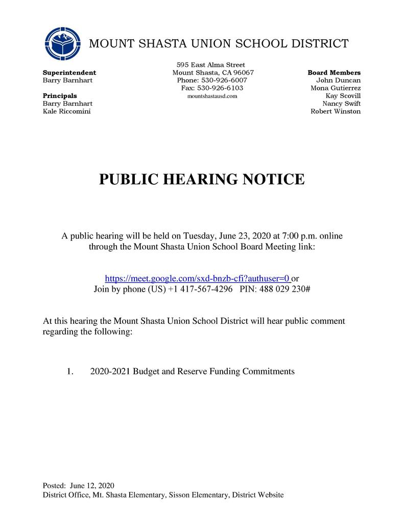 Public Hearing Notice  2020-2021 Budget